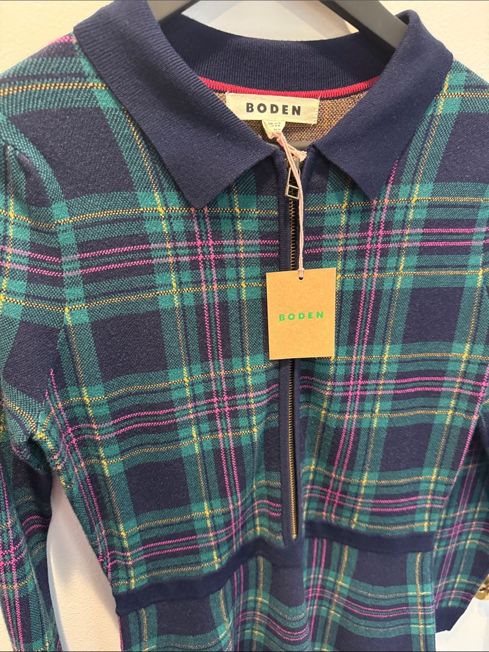 Boden Navy, Green and Pink Plaid Long-Sleeve Zip Dress - Picture 3 of 6